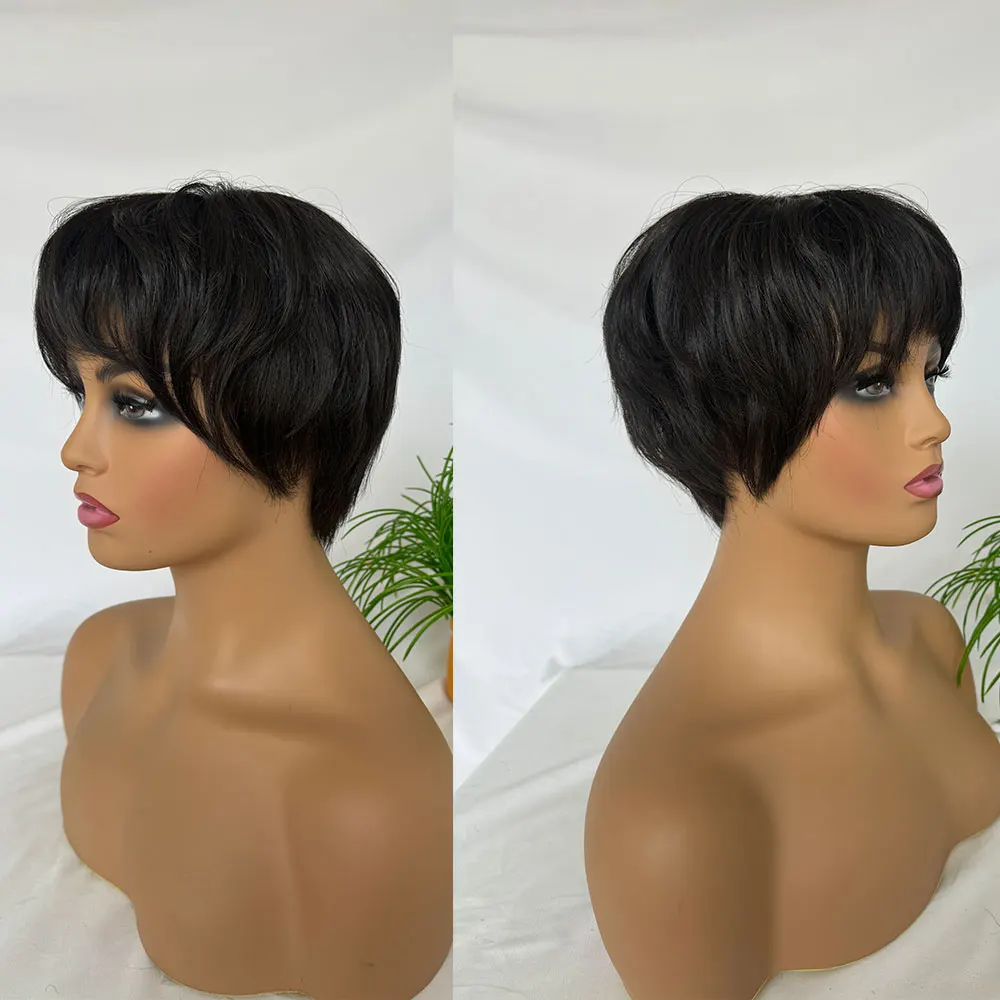 Perruque naturelle courte, cheveux humains, coupe pixie, noir, 5x5 pouces, 3-4 pouces