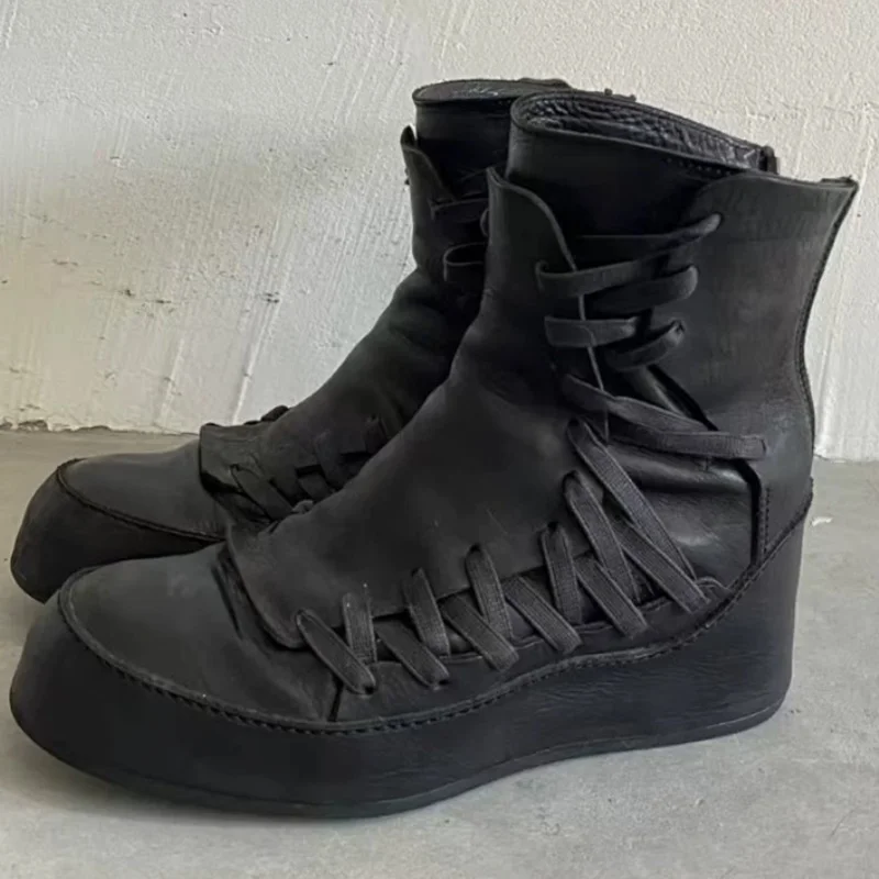 Fall Cross Tied Motorcycle Boots Men Black Leather High-top Shoes Distressed Thick Sole Chelsea Boots Back Zipper Men's Boots
