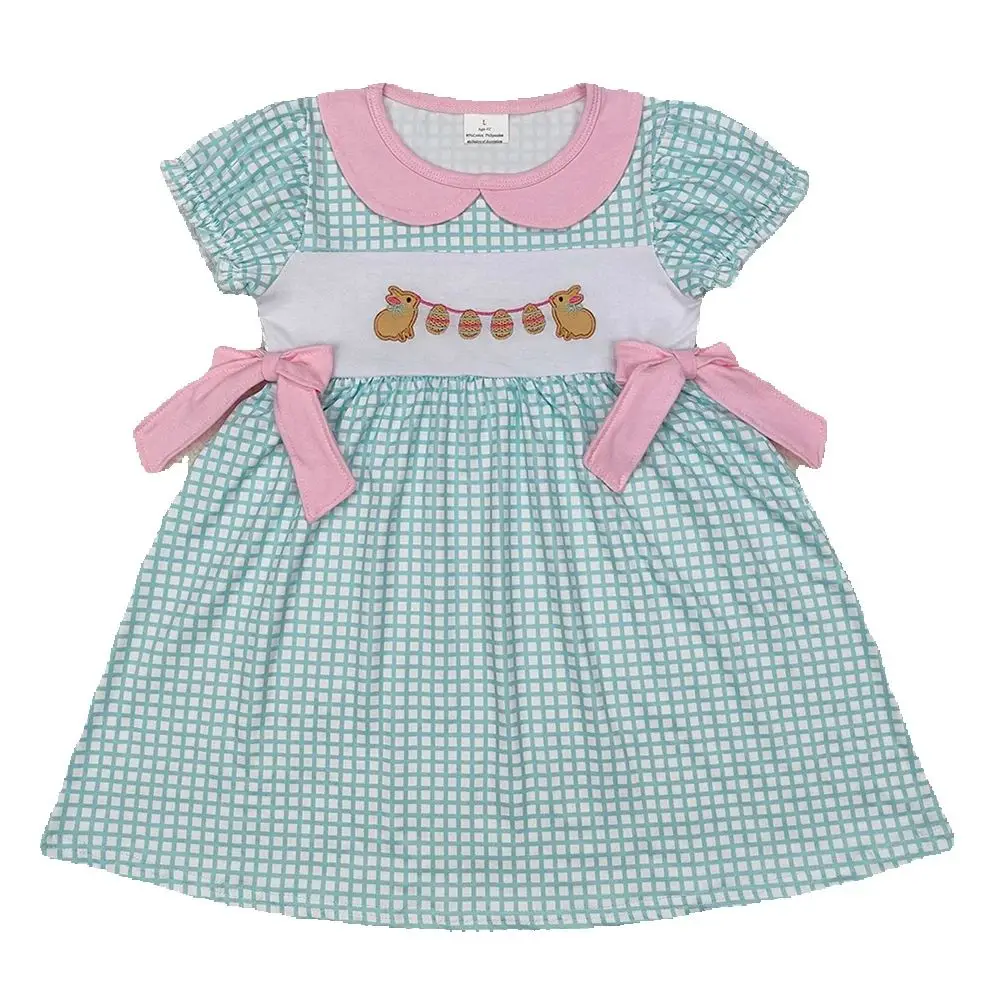 GSD1773 Embroidery Baby Girls Easter Rabbits Bows Knee Length Dresses