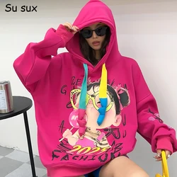 Cartoon Graffiti Plush Thickened Oversized Hoodie Sweatshirt Women Y2k Clothes 2024 Winter Casual Pullover Long Sleeve Tops Bust