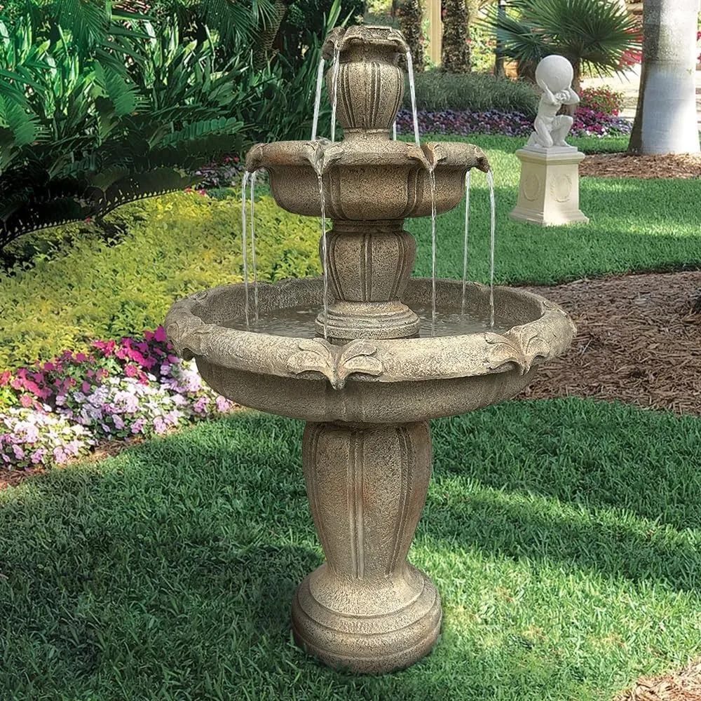 

48” H Outdoor Floor Water Fountain, 3-Tiers Concrete with Submersible Electric Pump - Garden Cascading Waterfall for Yard Patio