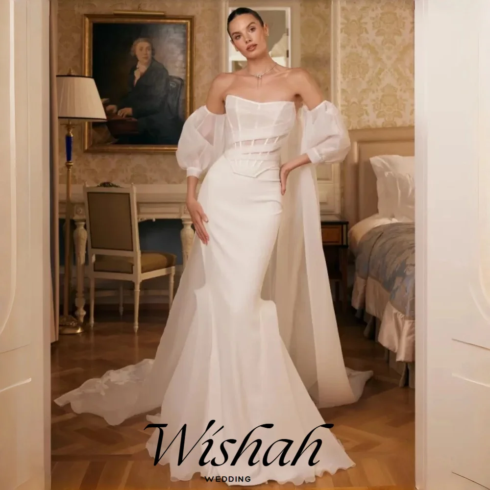 Wishah Customized Weeding Dress Elegant Boat Collar Long Appliques Shawl Lace-up Back Sheath Mermaid Long Vestido De Novia 2027