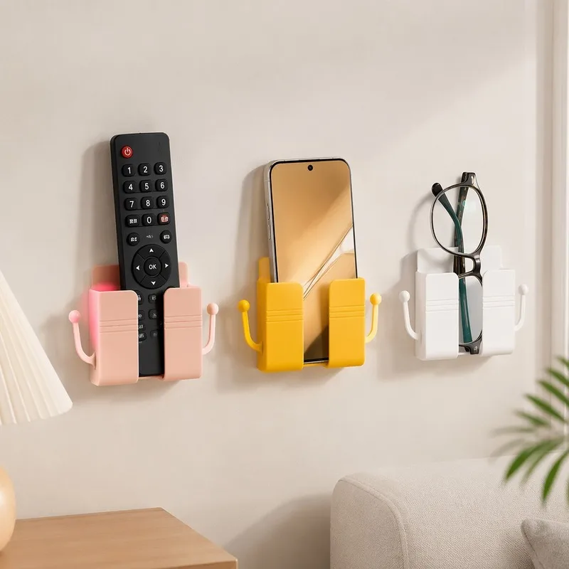 Punch-Free Wall Mount Phone Holder, Bedside Charging Organizer with Hooks for Remote & Keys