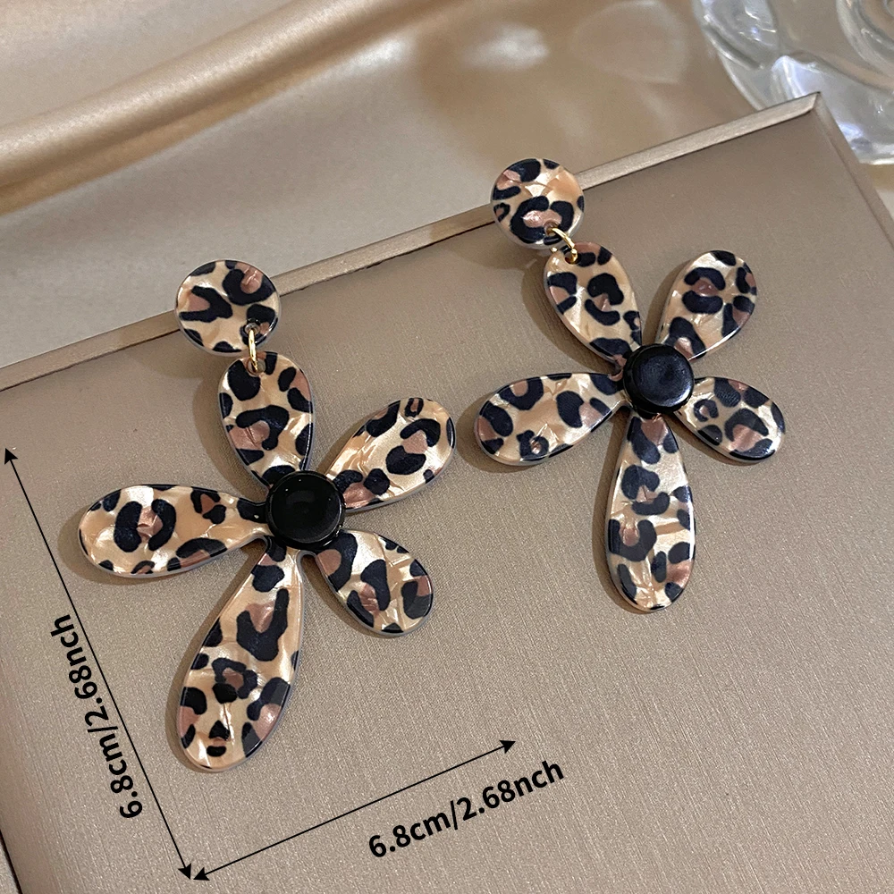 Bohemian Acrylic Leopard Flower Drop Earrings for Women Exquisite Big Floral Hanging Earrings Charm Jewelry Gifts