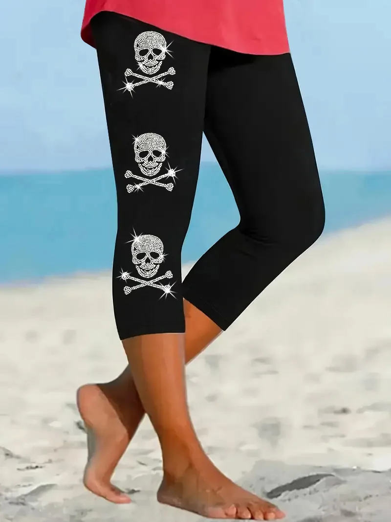 5327 Women's Pirate Rhinestone Seven-Foot Pants High Elasticity Autumn Winter Style Ladies Fashion Partial Length Trousers