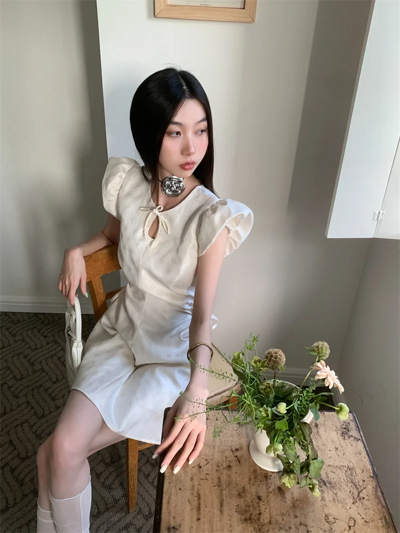 CHEERART Vintage Jacquard Puff Sleeve Short Dresses Woman Summer Drawstring Cut Out Designer Mini Dress