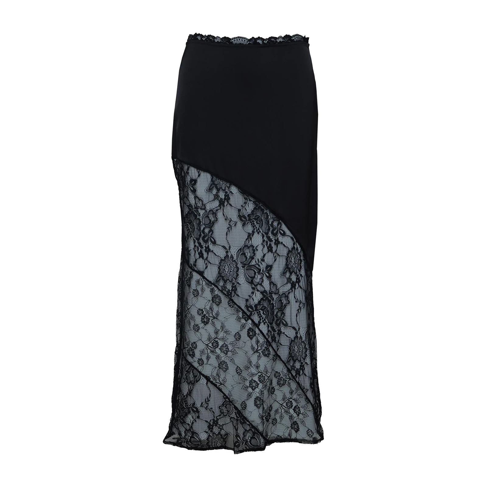 Women Sheer Lace Patchwork Skirt Sexy High Waist See Through Straight Long Skirts Y2K Stain Mesh Beach Vocation Cover-ups