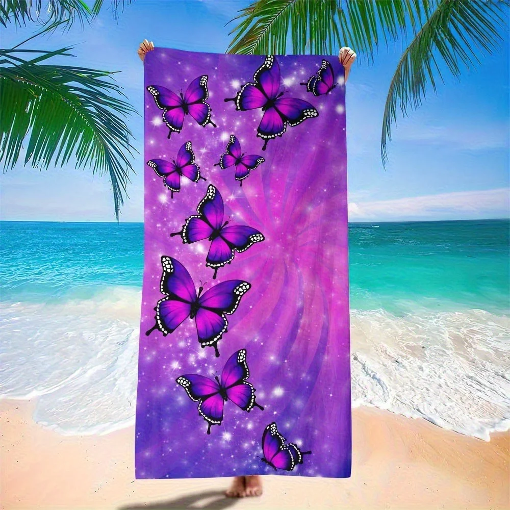 Vibrant Purple Butterfly Printed Beach Towel, Soft Absorbent Quick Dry for Swimming Camping