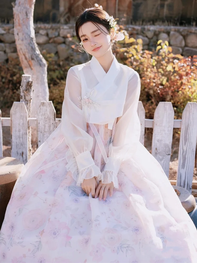 

Korea Style Women Improved Hanbok Dress Princess Floral Court Dress Photo Daily Costume Skirt Brace Loose Casual