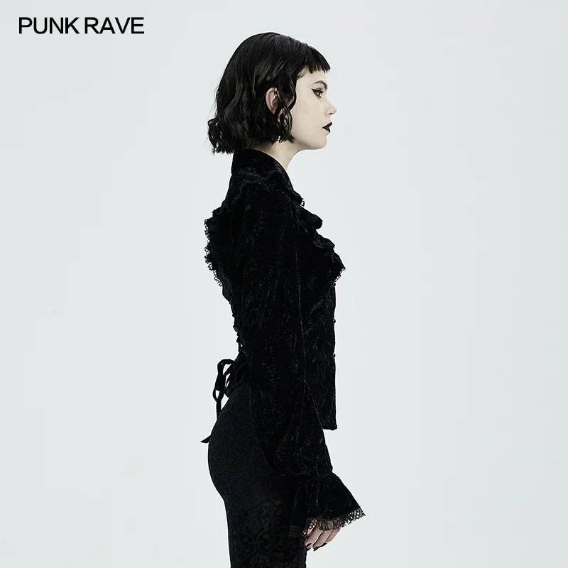PUNK RAVE Women's Gothic Gorgeous Vintage Ruffles Shirt Printed Velvet Party Dinner Long Sleeve Blouse Slim Tops