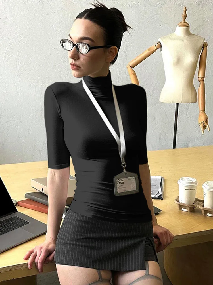 Damen Rollkragenpullover mit Halben Ärmeln, Figurbetontes Strick-Oberteil, Einfarbig, Dehnbar, Basis-Layering-Shirt für Büro und Alltag – Detail 14
