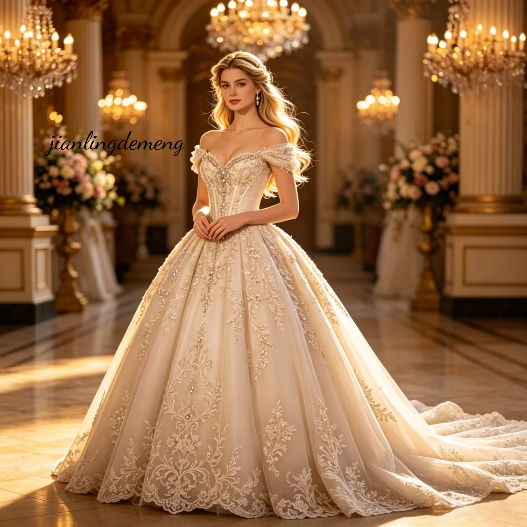 Vintage Champagne Lace Ball Gown Wedding Dress Off Shoulder Sweetheart Corset Beading Cathedral Train Bridal Gown Customized