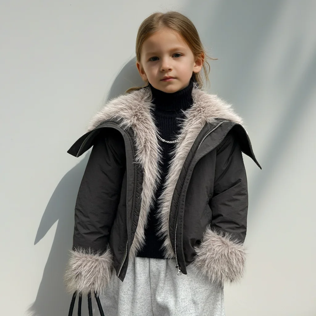 

Boys Faux Fur Lined Jacket Fashion Big Lapel Teen Kids Winter Coat Warm Thicken Plush Windproof Outerwear for Boy School Clothes