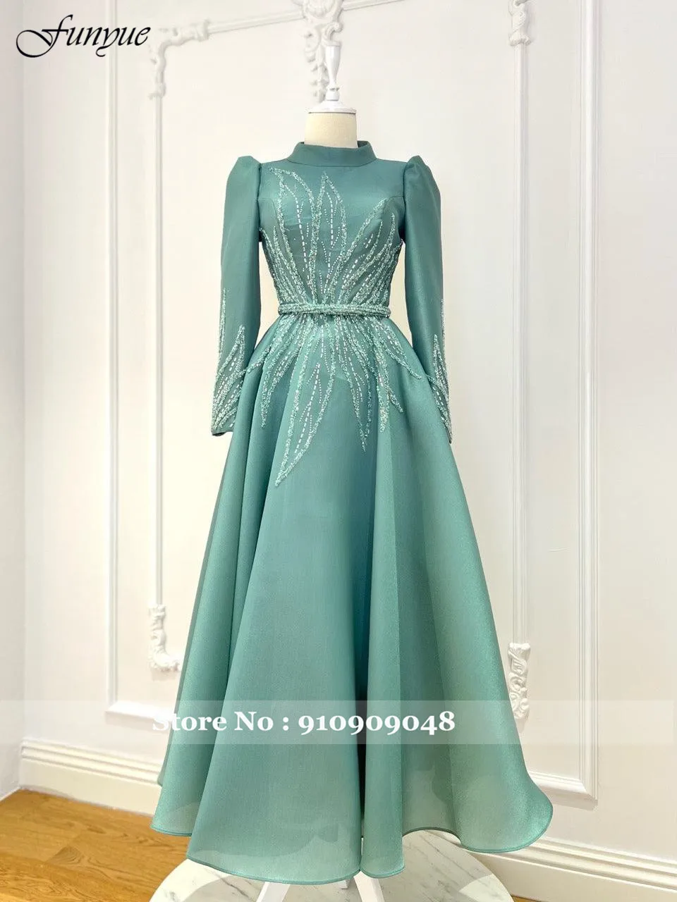 Funyue A-Line Champagne Muslim Prom Dresses Elegant Organza Beading High Neck Dubai Formal Dress Tea Length Evening Gown 2024