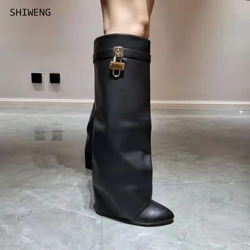 

2024 Luxury New Knee High Women's Boots Shark Lock Metalic Genuine Leather Long Thick Soled High-heeled Designer Shoes