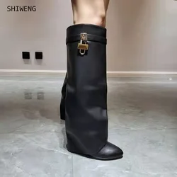 2024  Luxury New Knee High Women's Boots Shark Lock Metalic Genuine Leather Long Thick Soled High-heeled Designer Shoes