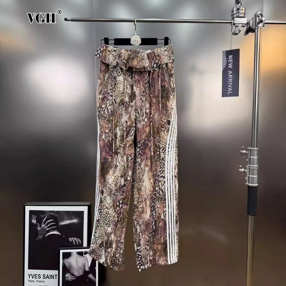 

VGH Colorblock Printed American Hot Girl Pant for Women High Waist Spliced Drawstring Street Trendy Straight Trousers Female New