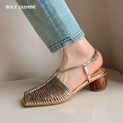 Women Sandals Sweet High Heels Fashion Genuine Leather Ankle Strap Narrow Band Office Party Shoes Woman 2024 New Women Sandals