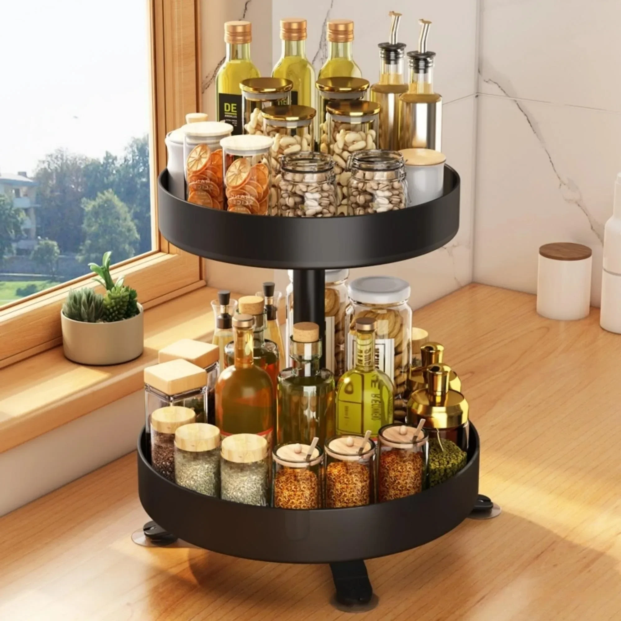 

2 Tier Rotating Spice Rack, 10-inch Spinning Spice Organizer, Kitchen Counter Storage, Black