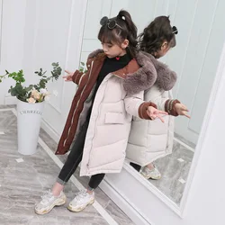 Jaqueta de algodão infantil, Roupa de menina, Parka grossa, Fato de neve com capuz de pele, Casacos de inverno, nova moda, 2020