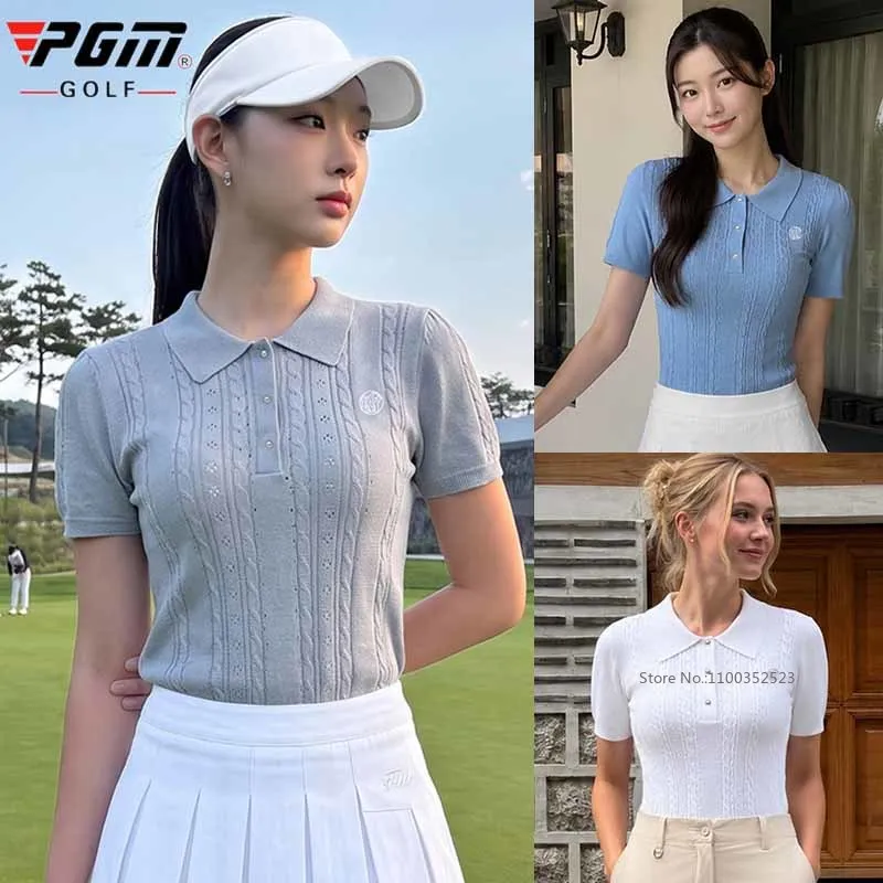Pgm Women Golf Sports Sweater Ladies Thin Knitted Short Sleeve Shirt Breathable Golf Tops Ladies High Waist Cargo Shorts XS-XL
