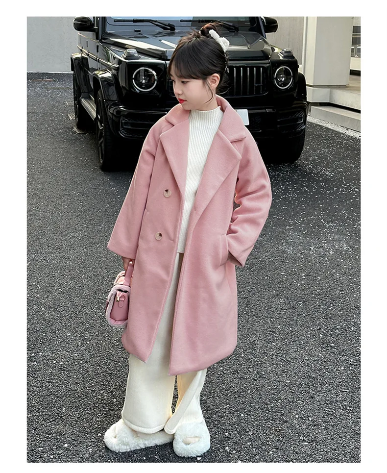 Girls Wool Coat Children 2024 New Autumn Winter Fashion Simple Casual Long Coat Korean Simple Style Fashion Wool Clothes