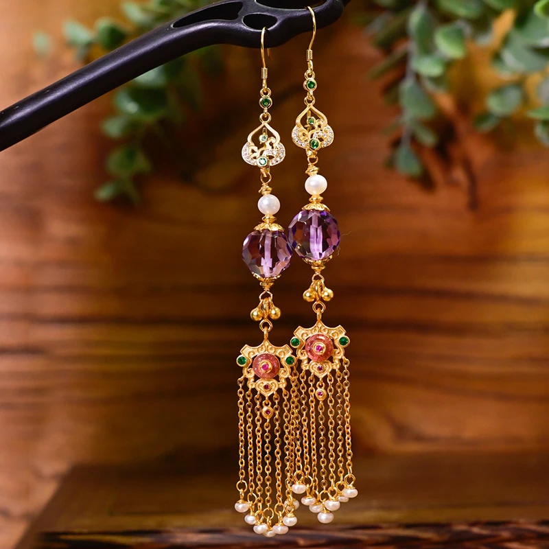 

Natural Amethyst Earrings S925 Sterling Silver Gold-plated Inlaid Pink Tourmaline Tassel Freshwater Pearl Earrings