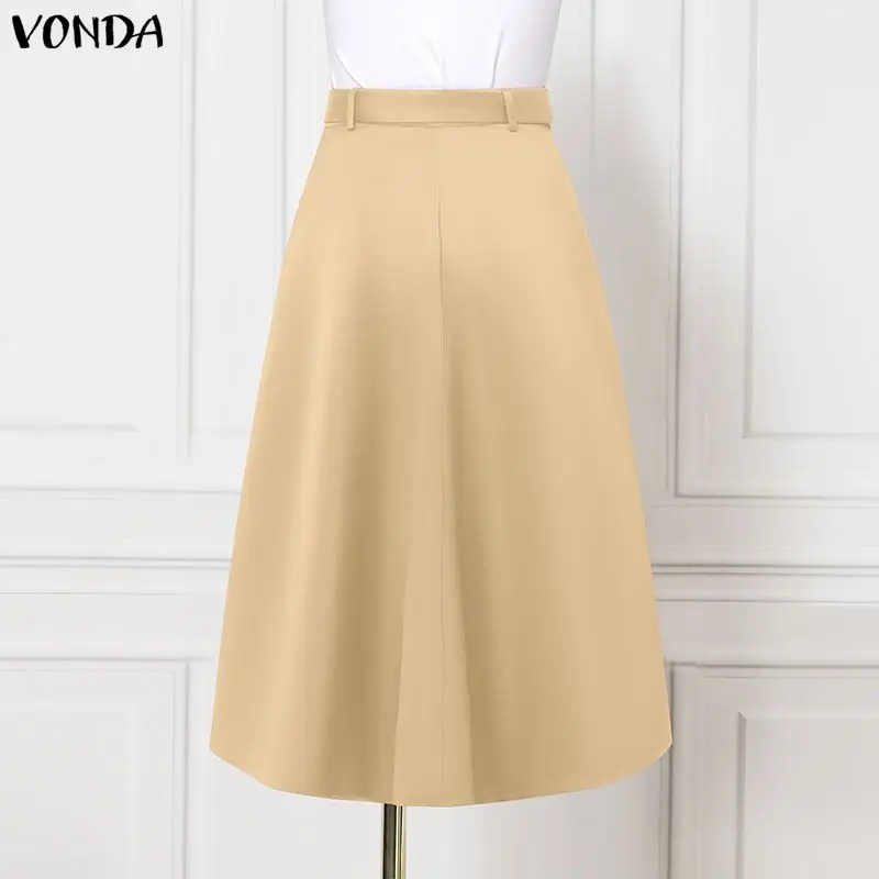 VONDA Plus Size Maxi Skirts 5XL Women Asymmetrical Fashion Satin Bottoms Solid Elegant Belted High Waist Long Jupes Faldas Saia view 5