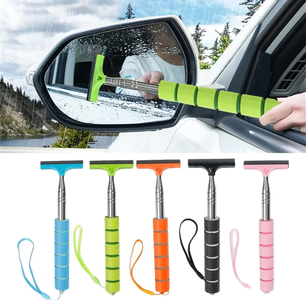 Retractable Car Rearview Mirror Wiper Stainless Steel Telescopic Head Window Wash Cleaning Portable Brush Handheld Wiper