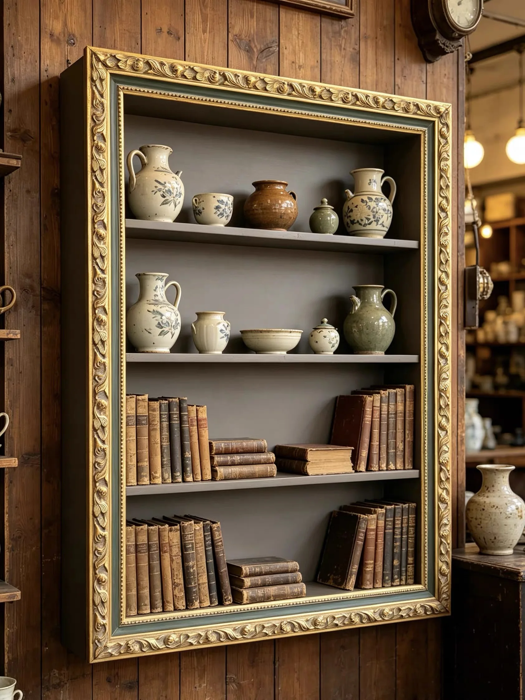 Ornate Gold and Green Wall-Mounted Display Shelf, 4-Tier, Vintage Carved Frame Style, 31.5 X 23.6 X 5.1 Inches