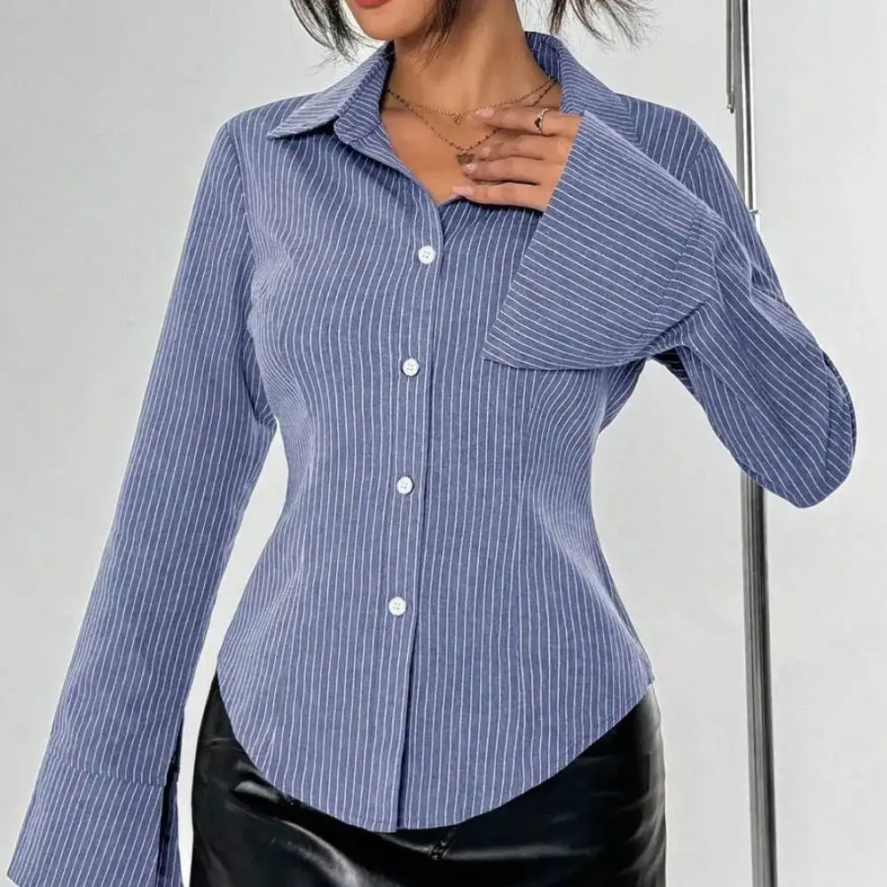 Klassische gestreifte langärmelige Bluse, Patchwork-Hemd mit Knopfleiste für Damen, dünner Umlegekragen, Retro-Chic-Oberteil – Detail 10