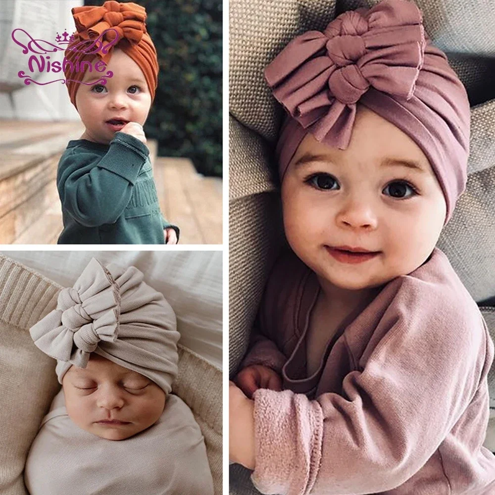 1PCS Stretchy Turban Hats with Knotted Bows Caps Beanies Bonnets Headwraps Hair Accessories for Baby Girls Infants Toddlers