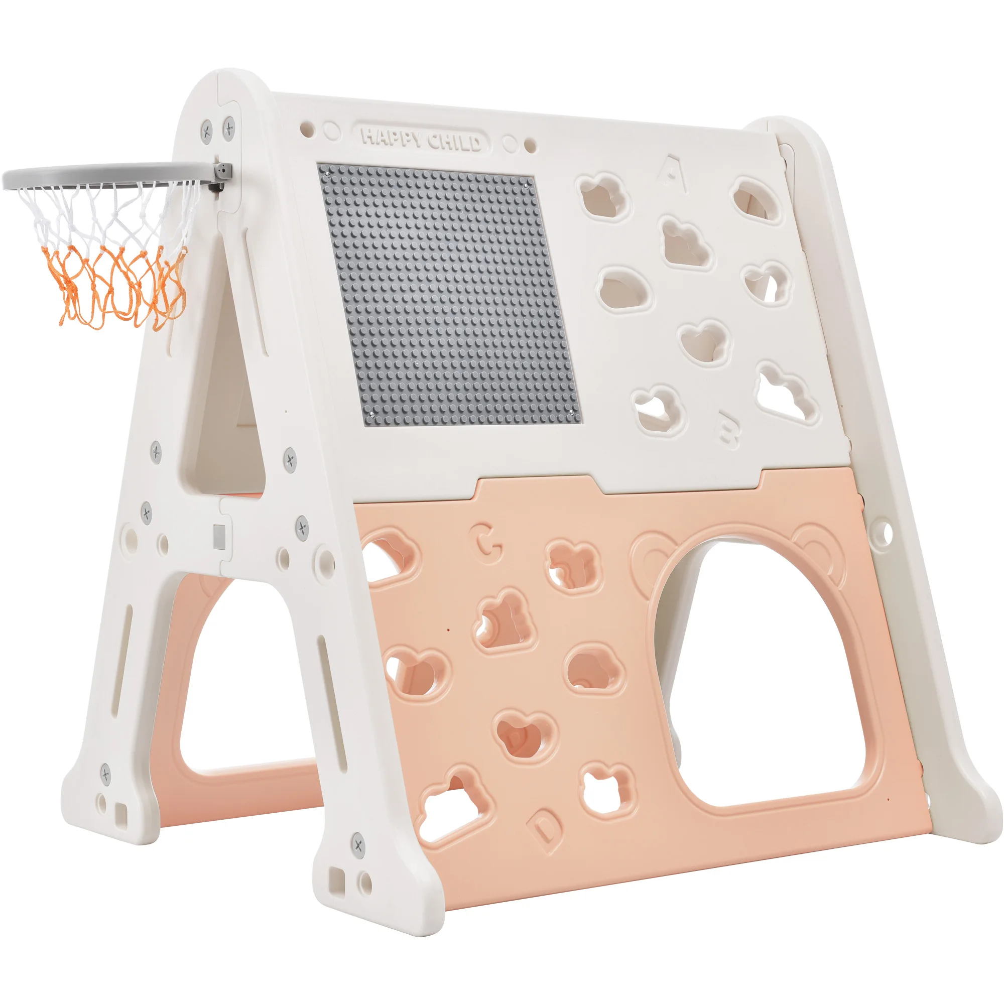 5-in-1 Toddler Climber Basketball Hoop Set Kids Playground Climber Playset with Tunnel, Climber, Whiteboard,Toy Building Block B