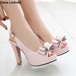 2024 Summer Women Platform High Heels Fashion Bow Peep Toe Slingbacks Ladies White Pink Black Bride Wedding Shoes Party Pumps