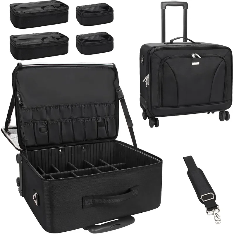 Rolling Makeup Train Case Cosmetology Case on Wheels Makeup Artist Bag Professional Cosmetics Beauty Hairdresser Bag