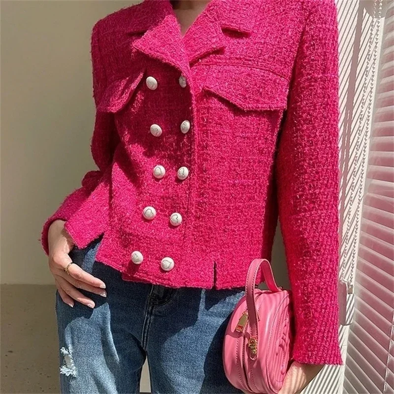 LIBIELIY 2025 Autumn New Blazers Women Jacket Double Breasted Tweed Suit Long Sleeve Small Fragrance Coat Slim Temperament Blaz