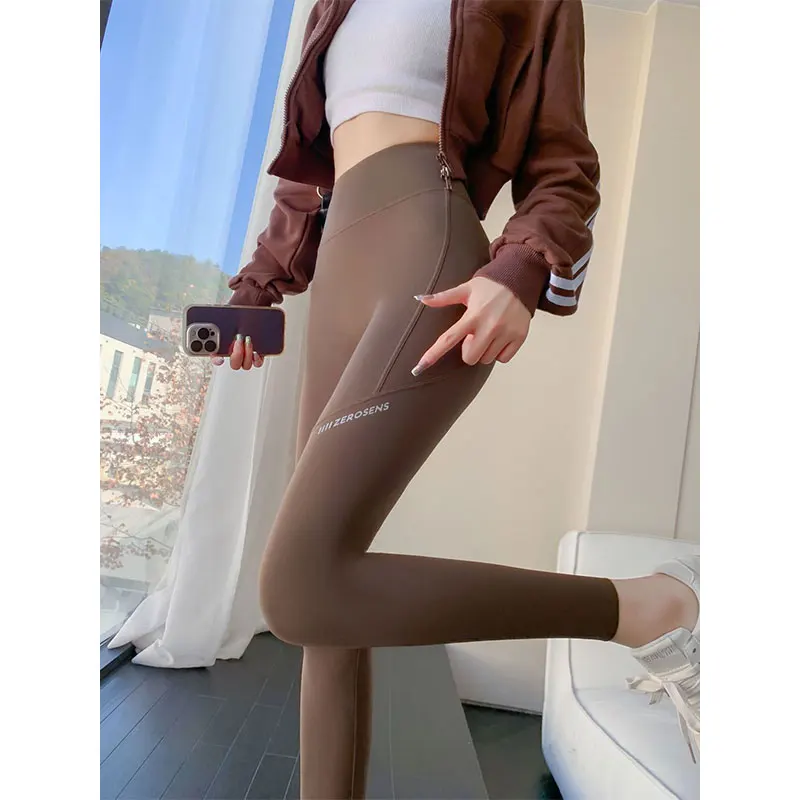 

Women's Autumn Casual Fashion Simplicity Solid Color High Waist Nine Points Leggings Women Clothes Thin All-match Yoga Pants