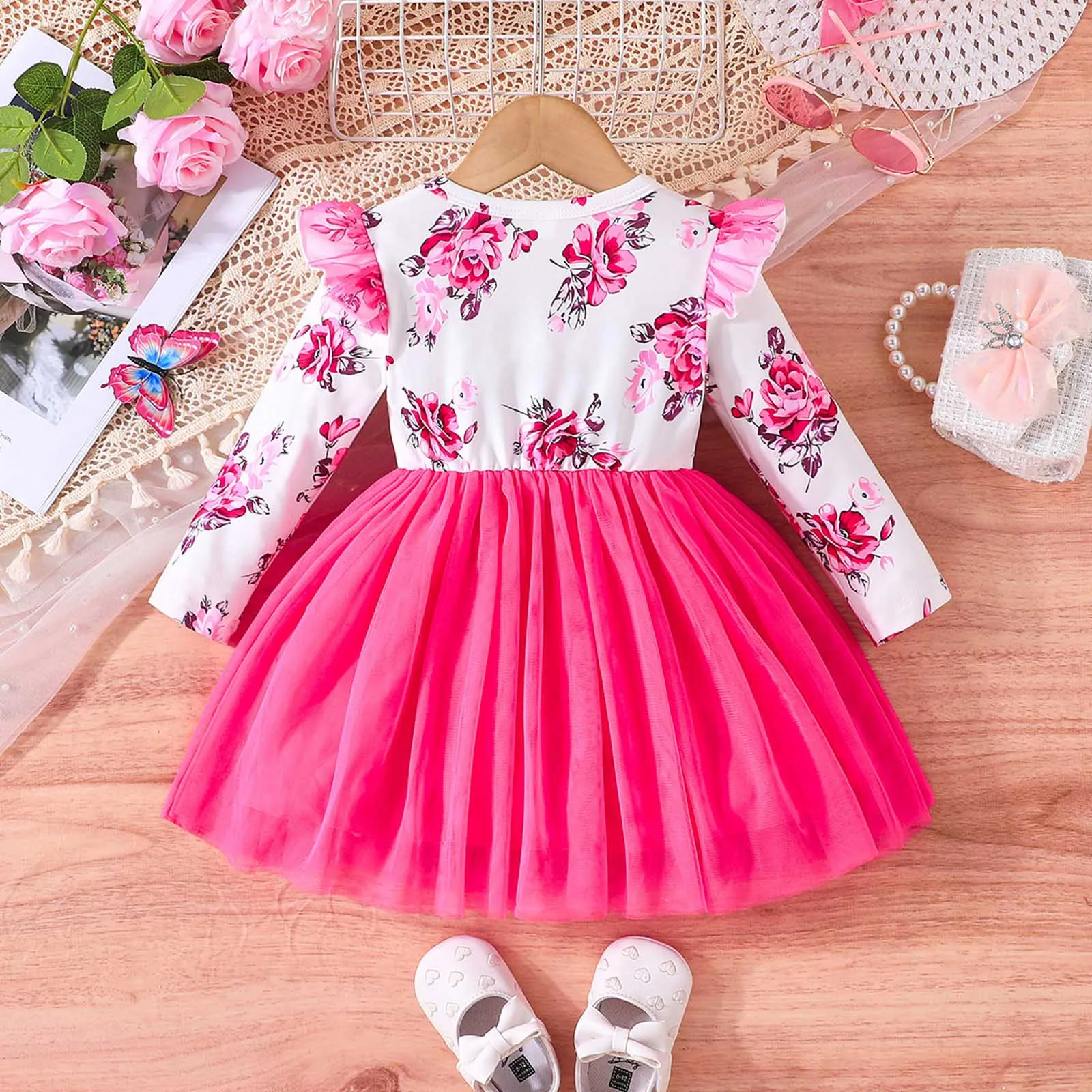 Autumn Winter 2024 Baby Girls Dress Girls Long Sleeve Ruffles Print Floral Bow Pink Cute Fashion Look Birthday Party Dresses