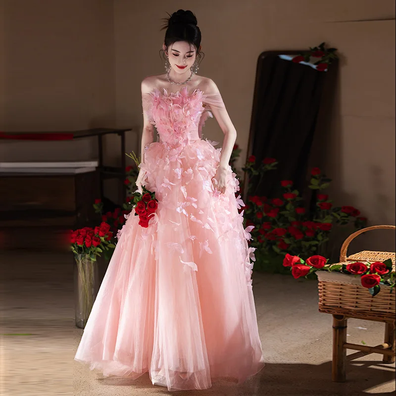 

Pink 3D Flowers Off-Shoulder Wedding Dresses Sweetheart Wedding Photos Shoot Bride Gown Customized A-line Tulle Evening Dresses