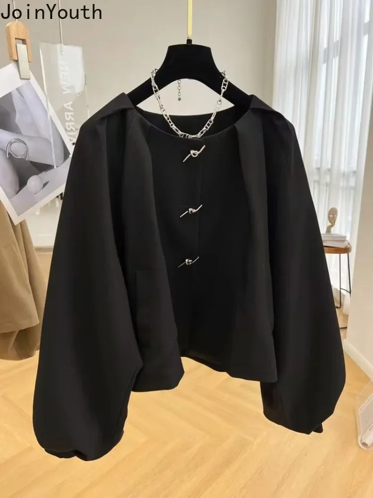 Lantern Sleeve Jackets for Women Loose O-neck Temperament Outwear Crop Tops 2023 Ropa Mujer Fashion Vintage Solid Color Coat