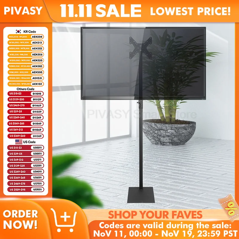 ユニバーサルテレビフロアスタンド 14-43 インチスクリーン用 ノードリル取り付け 可動ホルダー 安定した高さ調整可能 簡単取り付け