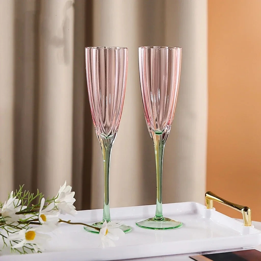Retro Crystal Glass Champagne Cup Gradient Flower High Foot Wine Glass Petal Bubble  Cup Nordic Style Handmade Beverageware