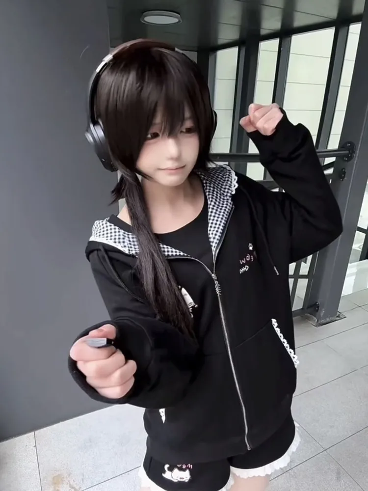 

Fashion Black Cat's Ears Hoodie Coat Women Thin Long Sleeve Cardigan Tops Mujer 2025 Early Autumn New Zipper Jackets
