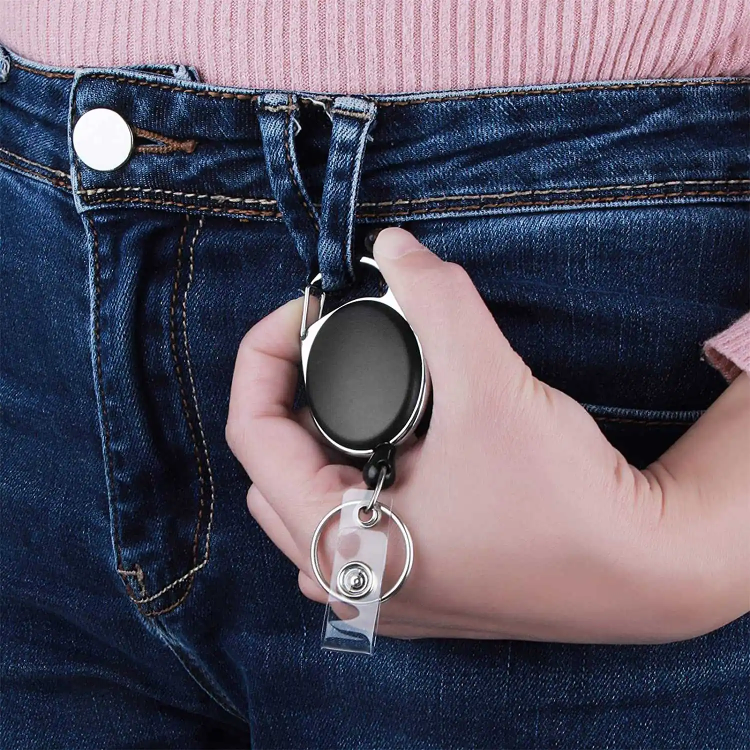 Llavero extensible AA26P, juego de 4 carretes de insignia ID Jojo con correa de vinilo y llavero, cordón extensible, mosquetón