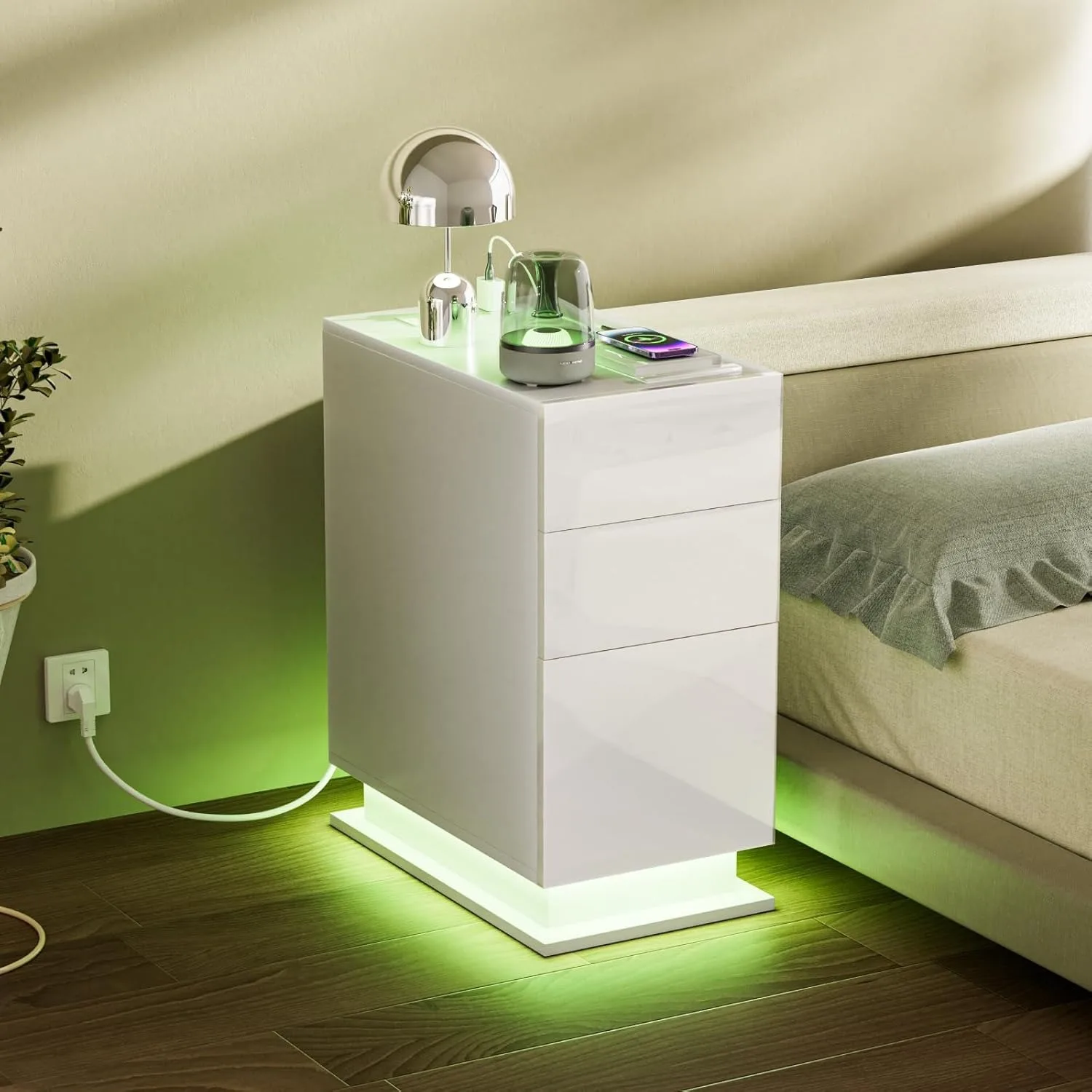 Bedside Table with 3 Drawers Bedside Cabinet with Light Wood Bedside Table with Charging Station 2AC/2USB Narrow Drawer Cabinet