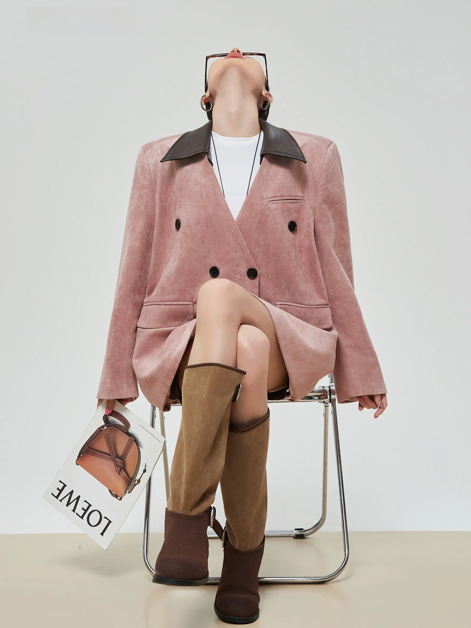 

Pink Leather Contrast Color V-ne Suit Jaet Women's Design Korean Sle Lazy Faion Top Warm Thiened Long Sve ort ...