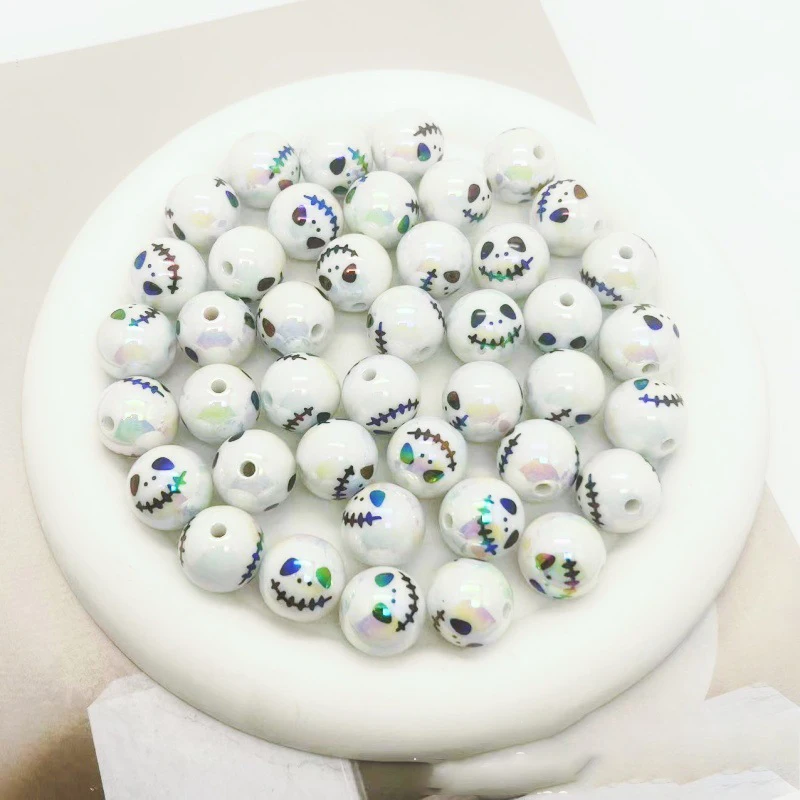 12 Stück Acryl perlen Halloween-Druck UV-Beschichtung gerade Loch runde Perlen DIY Perle Stift Telefon kette Schlüssel bund Zubehör