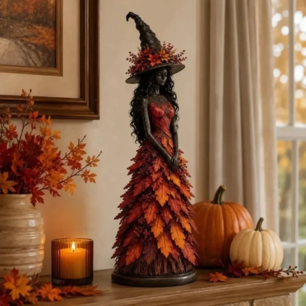 Vintage Autumn Witch Figurine Rustic Whimsical Halloween Witch Statue Leaf Gown Gothic Forest Witch Table Decor Fall Decor