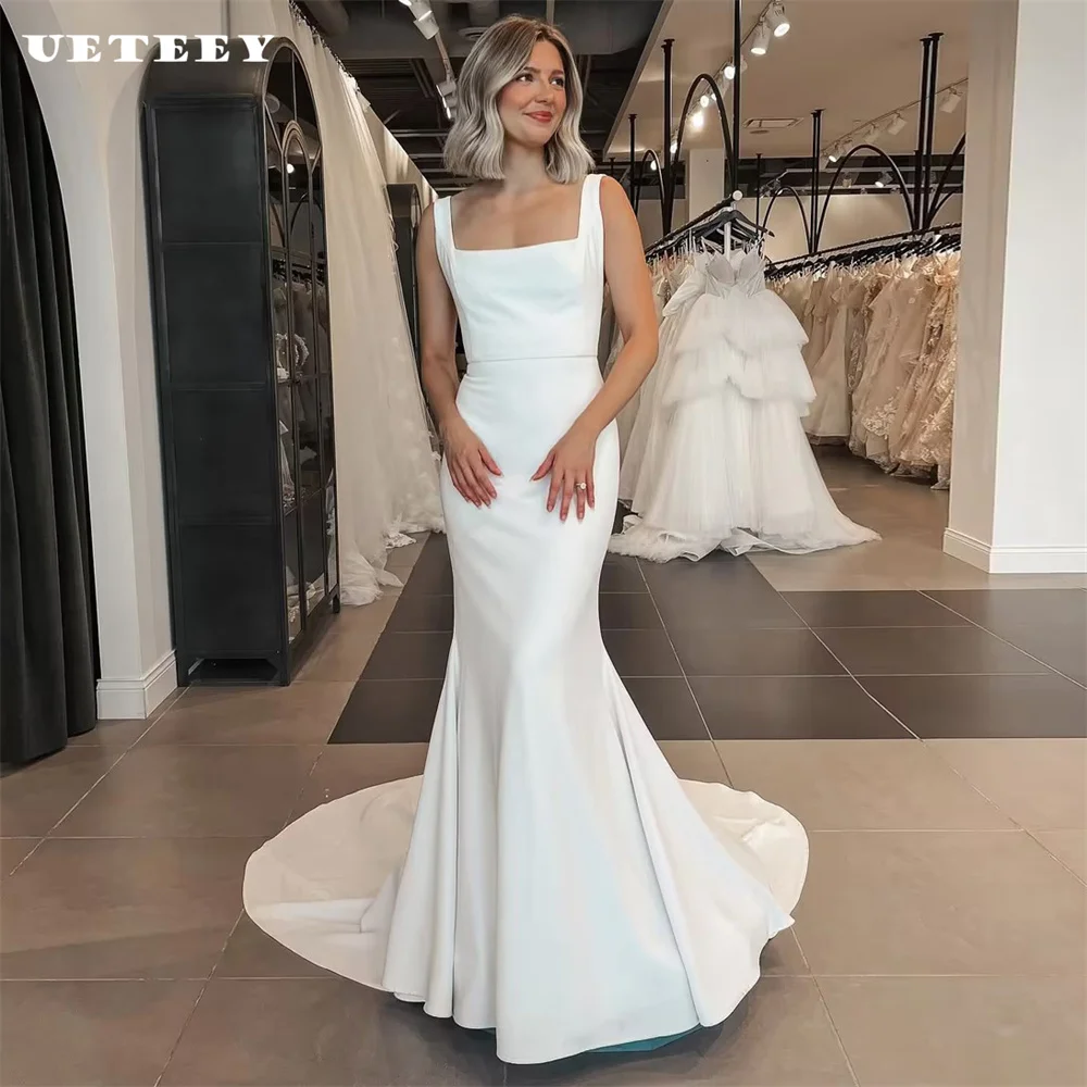 

UETEEY Simple Square Neck Crepe Elegant Mermaid Wedding Dress Sleeveless Backless Court Train Bridal Gown Custom Made