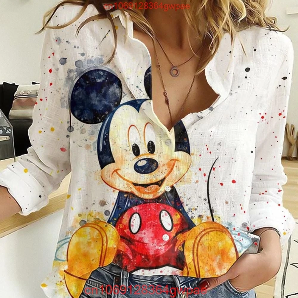 Disney Mickey Mouse Women\'s Shirt Fashion Elegant Long Sleeve Button Up Shirt Disney Women\'s Hawaii Shirt Casual Beach Shirt Top